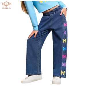 กางเกงยีนส์ขาบานสำหรับเด็กผู้หญิงกางเกงยีนส์เอวยางยืดมีกระเป๋าแบบใหม่ - Product Image 3