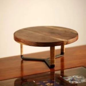 Support à gâteau rond en bois d'acacia avec base en métal et couvercle pour la découpe de gâteau d'anniversaire-Support à gâteau en bois naturel - Product Image 4