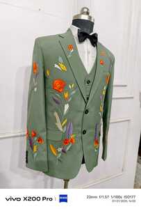 Costume de mariage vert 3 pièces pour homme, en coton de qualité supérieure, avec broderie lever du soleil, tenue Western Country Prom Party Cocktail - Product Image 3