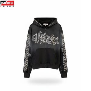 INDEX SPORTSWEAR Unisex <b>Black</b> <b>Zip</b>-Up <b>Hoodie</b> Rhinestone Letter Print Oversized Streetwear Autumn Wear - Product Image 1