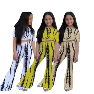 2022 Summer Holiday Wear Little Girl 1-7Y Short Sleeve T-Shirt+Flared Long Pants Serpentine Kids Outfit Set SADG-055