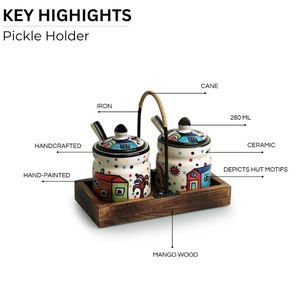 The Hut Hand-Painted Ceramic <b>Pickle</b> & Chutney Jar Set With Spoons & Wooden Holder Non Air-Tight Set Of 2 Ceramic Condiment Pot - Product Image 5