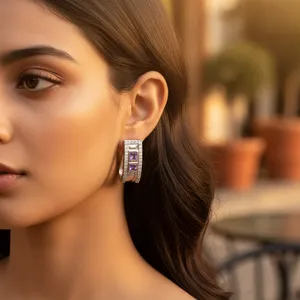 Boucles d'oreilles Huggie en argent 925 avec améthyste pour femme, style géométrique classique, serties en canal, bijoux pour le quotidien - Product Image 3