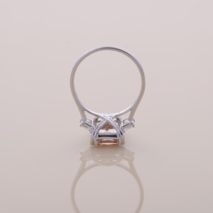 IGI Certified Radiant Cut Peach Pink Lab Diamond Three Stone Ring with Trapezoi Side Diamonds in <b>Solid</b> 925 Sterling <b>Silver</b> - Product Image 5