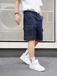 Pantalones cortos de mezclilla Cargo de patrón sólido de estilo callejero para hombre, pantalones cortos holgados medio rectos al por mayor con opciones de personalización completas - Product Image 4