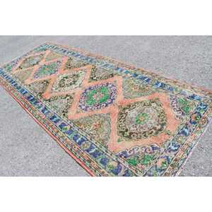 Tapis vintage, grand tapis de 4,7 x 11,7 pieds, tapis turc en laine bleu à pois - Product Image 4