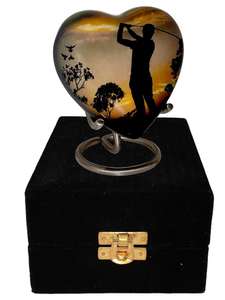 Classic Heart Shape Keepsake <b>Urn</b> for Human <b>Ashes</b> with Box and Stand Lovely Golfer Design 7 Cms High - Product Image 3