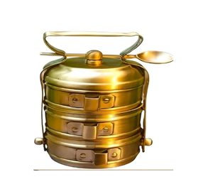 Porte-repas traditionnel à trois étages en laiton poli (Dabba) avec un mécanisme de fermeture latérale sécurisé, poignée supérieure ergonomique. - Product Image 1