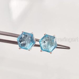 Boucles d'oreilles clous pour femmes, pierre précieuse naturelle topaze bleue, pierre de naissance de novembre, bijoux faits à la main, argent sterling 925 - Product Image 2