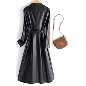 2025 New Women's Genuine Leather Trench Coat Long Slim Fit Jacket with Large Lapel Fashionable PU Leather Jacket Cotton Filling - Product Image 6