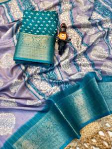 ส่าหรีผ้าไหม rekko ที่สวยงามด้วยการออกแบบดอกไม้ทั้งหมดพร้อมกับเส้นขอบทอที่ตัดกัน - Product Image 6