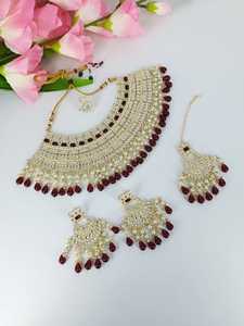 Nuevo diseño elegante chapado en oro tradicional Motipearl & Drop Kundan tachonado gargantilla collar pendiente Mangtika conjunto y conjunto de joyería Mujer - Product Image 3