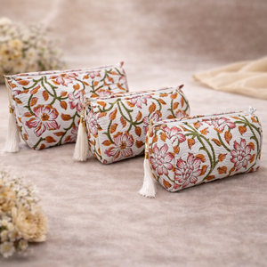 Artistic Floral Quilted Toiletry Pouch Set - Unique Block Print <b>Organizers</b> - Product Image 1