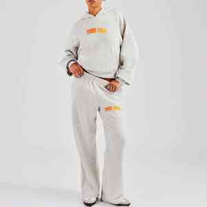 Custom Made <b>Women's</b> 100% Cotton Tracksuit Wholesale Solid Oversized Drop Shoulder Hoodie & <b>Flared</b> Sweatpants 2 Piece Tracksuit - Product Image 4