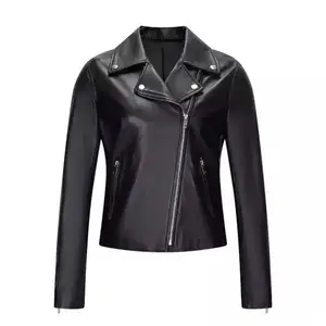 Hot Selling Luxury Stylish Women Pure Black Genuine Lamb Skin Real Leather Slim Pilot Jacket