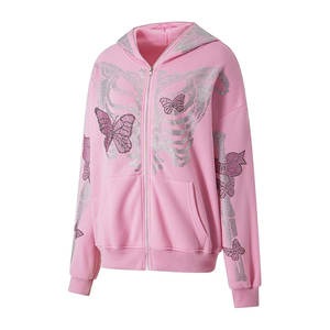 Venta en línea Logotipo personalizado Sudadera con capucha de diamantes de imitación de lujo Diseño de brillo personalizado para mujeres Proveedor de ropa de calle - Product Image 3