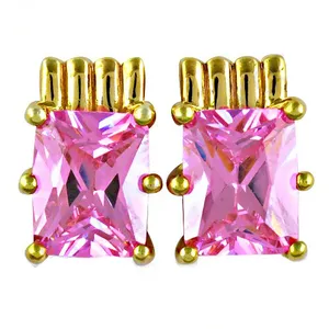 Pendientes de Zirconia Rosa para Mujer, Corte Princesa, Diseño de Corona Chapada en Oro, Joyería Clásica de Moda, Regalo de Marca de Rajasthan - Product Image 2