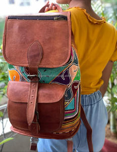 Sac à dos en cuir de chèvre véritable, Vintage, broderie faite à la main, bohème ethnique, sacs à dos multicolores - Product Image 3