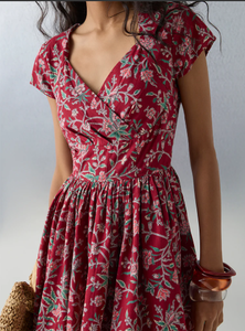 Bombay Paisley ชุดเดรส A-Line ผ้าฝ้ายลายดอกไม้สีแดง - Product Image 3