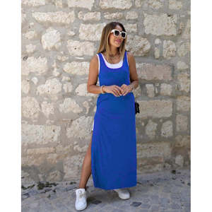 Ensemble robe et débardeur en viscose à bretelles et col rond pour femme, avec poches et fente décorative, 36849 - Bleu Saks - Product Image 1
