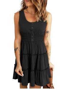 Negro Sloid liso sin mangas mujer elegante señoras suelta Maxi Mini 100% tela de rayón con cuello redondo Mujer Casual Mini vestido - Product Image 3