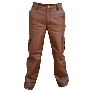 Pantalon cargo en cuir véritable pour homme avec taille moyenne et coupe régulière avec poches cargo et fermeture à glissière non tissée - Product Image 1