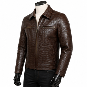 Veste en cuir de crocodile véritable pour homme, marron vintage, décontractée, avec fermeture éclair, OEM, étiquette privée, vente en gros et personnalisable - Product Image 5