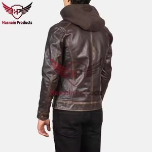 Mens Real Brown Leather Hooded <b>Jacket</b> Distressed Zip Chest Pockets <b>Sheepskin</b> Dark Racer Biker Coat Custom Vintage Winter Outerwe - Product Image 5