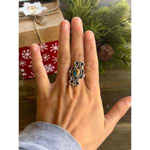 Mohave <b>Turquoise</b> Sterling Silver <b>Ring</b> Size 8.5-Navajo Made Bezel Inlay Unisex Gift Jewelry - Product Image 1