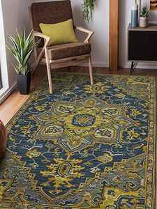 พรมปูพื้นสีเหลืองมัสตาร์ดด้วยมือสไตล์วินเทจพร้อมลายเหรียญทองแบบแอบสแตรกต์สำหรับการตกแต่งภายในบ้านห้องนั่งเล่น - Product Image 2