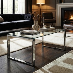 Mesa de Centro de Diseño Moderno en Color Plateado Ecológico, de Metal y Vidrio, para Decoración de Interiores del Hogar, M.R. ARTESANÍAS - Product Image 6