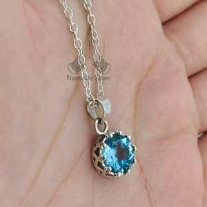 Handmade Dainty Blue Topaz 925 Sterling <b>Silver</b> Pendant Chain Necklace Gemstone <b>Locket</b> Gift for Her Birthday Anniversary Amethyst - Product Image 1