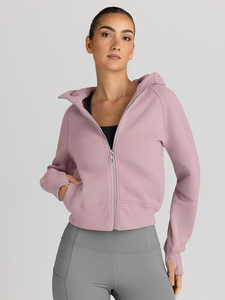Sweat à capuche coupe ajustée à manches longues décontracté à la mode pour femmes avec polaire de couleur unie imprimé sur mesure de haute qualité - Product Image 2