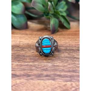 Navajo Turquoise Coral Gemstone <b>Ring</b> for <b>Men</b> 10.5 Size Sterling Silver Rhodium Plated Wedding Everyday Wear Rhodium Setting - Product Image 1