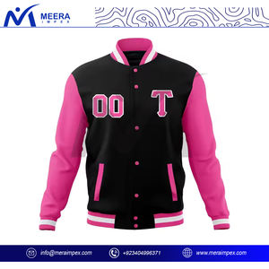 Chaqueta universitaria de manga rosa de Color negro sólido superventas, chaqueta universitaria con cuello acanalado y logotipo de chenilla personalizado para hombre - Product Image 3