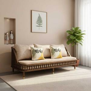 Three-Seat KBH <b>Sofa</b> with Wooden Slats and Genuine Leather Cushions-Tropical Design Home Furniture SFB68068 - Product Image 2