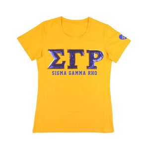 Sigma Gamma Rho SGRho Sequin Patch Tee <b>Gold</b> Greek Letters Embroidered Sorority Apparel Royal Blue Trim Greek Life T <b>Shirt</b> - Product Image 1