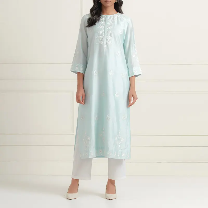 Spring Casual Two Piece Set OEM Kurta And Dupatta Embroidery Tops Dress And Solid A-line Pant Set For Women