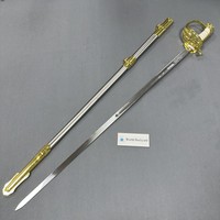 Épée Cérémonielle Navale Lion Doré T01BY en Gros avec Fourreau en Cuir Véritable Noir, Épée de Collection Souvenir Antique