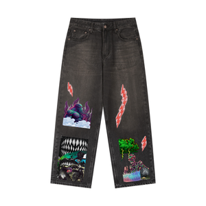 Vintage Heavyweight Denim Jeans Straight <b>Flare</b> Pants Rivet Crystal Decoration Winter Autumn Casual Print Style Knitted Weaving - Product Image 2