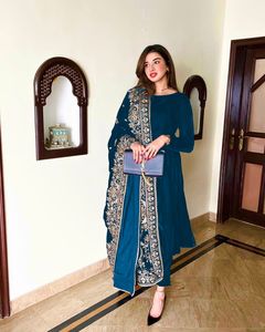 BEST QUALITY <b>INDIAN</b> PARTY WEAR BLUE COLOR LONG ANARKALI SALWAR SUIT DRESS at WHOLESALE RATE in VALVET <b>FABRIC</b> WITH EMBROIDERY - Product Image 3