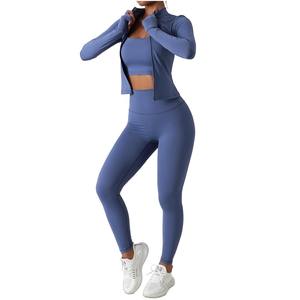 Conjunto de Yoga de 3 Piezas para Mujer, Ligero, Sin Costuras, Leggings de Cintura Alta, Sujetador Deportivo con Push-Up, Chaqueta de Manga Larga con Cremallera de Secado Rápido - Product Image 1