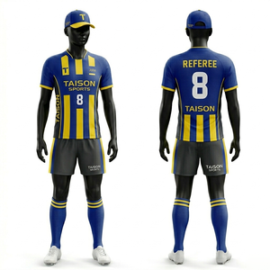 Mens Rugby <b>Referee</b> Jersey 180 GSM Polyester Moisture Wicking Fabric Blue Yellow Striped Panel Design Sublimation Custom Logo - Product Image 1
