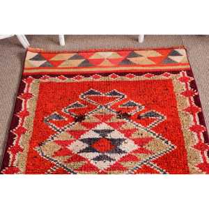 2.8x11 ft Vintage <b>Runner</b> Rug, <b>Red</b> Purple Turkish Patchwork Wool Rug - Product Image 5