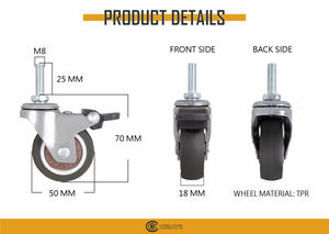 2 Inch M8 Stem TPR Caster <b>Wheel</b> Swivel with Brake Closet Shelving Light Duty Display Stand <b>Wheels</b> - Product Image 2