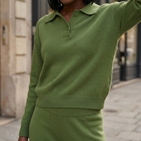 Ensemble en tricot vert olive pour femmes, haut cardigan à col, pantalon large à jambes droites, ensemble deux pièces décontracté pour les trajets quotidiens, mélange de laine mérinos