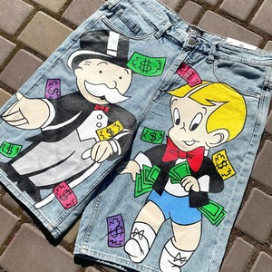 Shorts en jean pour homme, taille haute, avec broderie de strass personnalisée, ourlet brut, effet vieilli, délavé soleil, style Jorts - Product Image 6