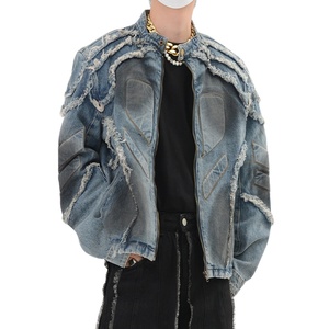 Hot Trending Custom Vintage <b>Tie</b> Dye Print <b>Men's</b> Street Wear Designer <b>Black</b> Acid Wash Boxy Zip up Button Denim Blue Jacket - Product Image 4