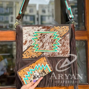 New Real Western Handcrafted Tooled Cowhide Fur Leather Handbag Women Stylish Evening Bag and Tooled Fur Clutch Unique Combo Set - Product Image 1