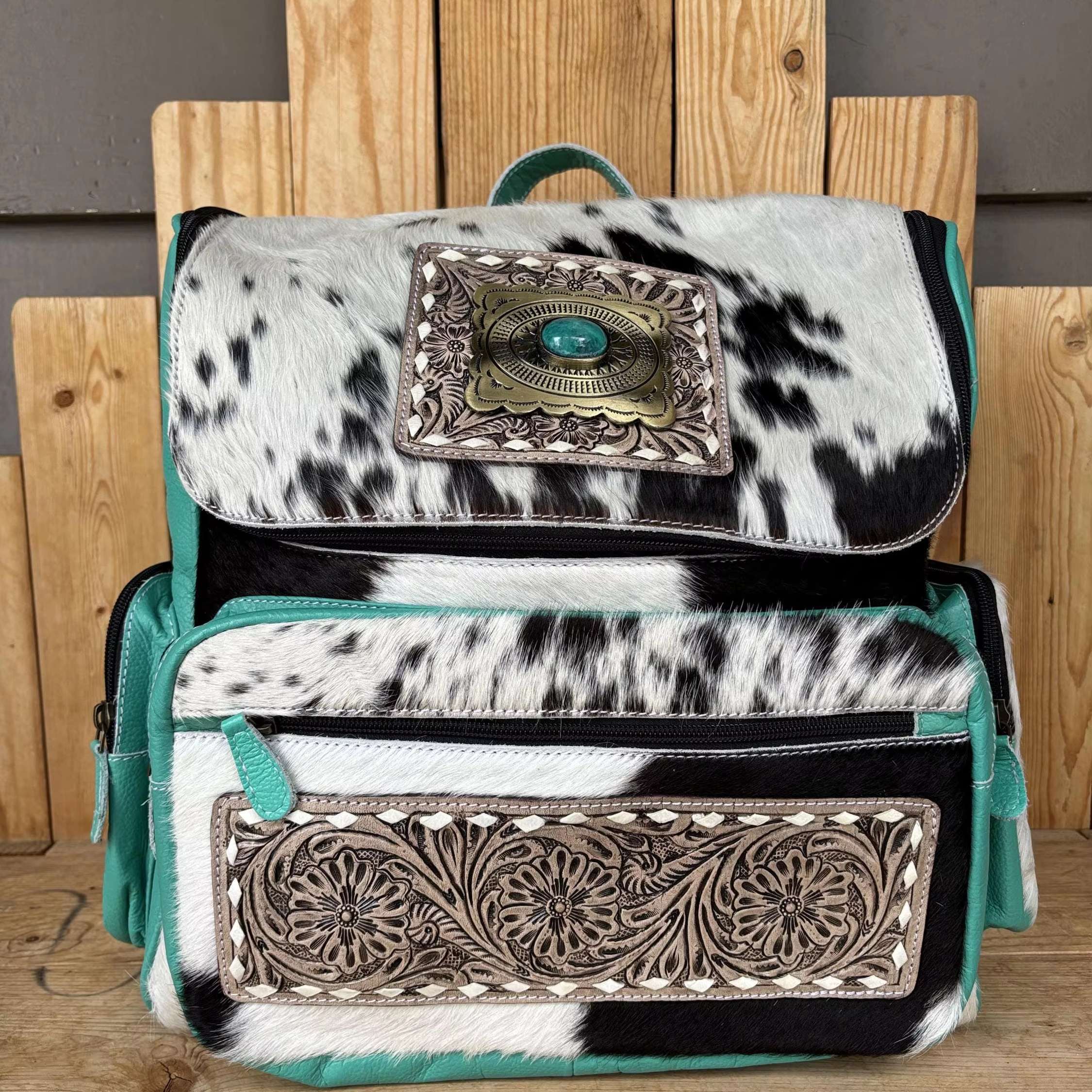 Leather Tooled Cowhide Backpack with Turquoise Accent - Brown & White Area 51 tooled leather & cowhide backpack – Western Linens main image 3